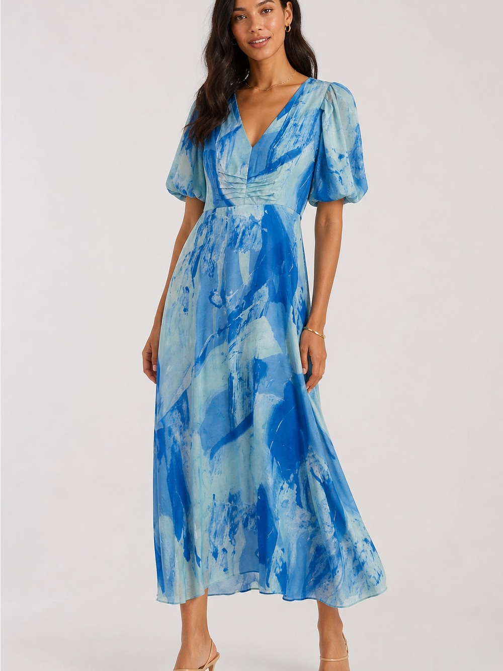 DKNY Blue Abstract Watercolor Midi Dress Puff Sleeve Small Flowy Elegant NWT
